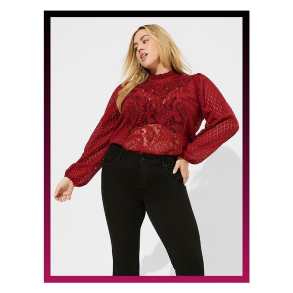 NWT Torrid 1X Rhubarb Red Mixed Lace High Neck Long Sleeve Top Blouse Size 14-16 - Picture 1 of 9